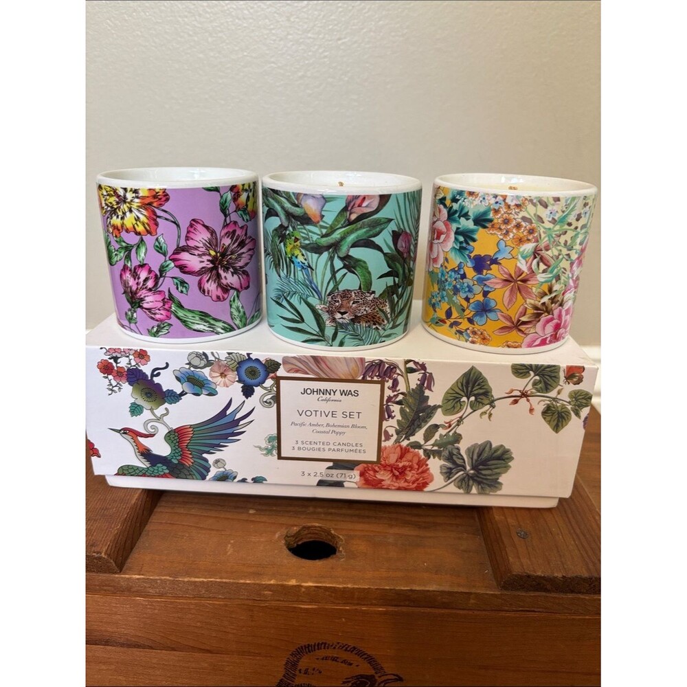 NEW Johnny Was Floral Votive Candle Trio - White with Botanical Box